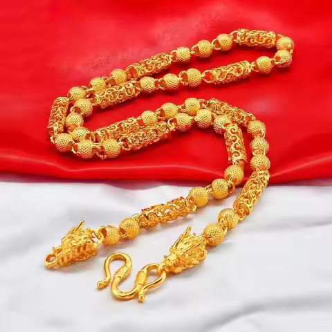 Dragon Head Bead Hollow Necklace Men 24K Gold AU999 - Majestic dragon, hollow beads, pure gold for m