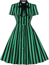 Women 1950s Vertical Striped Dress Halloween Costume Vintage Buttons Tie Rockabilly Pinup Dress 50s