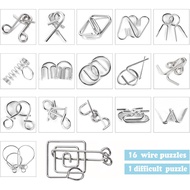 Metal Wire Puzzle Set of 16 with Pouch and Plus an Extra Challenging Piece, Brain Teaser Toy Unlock 
