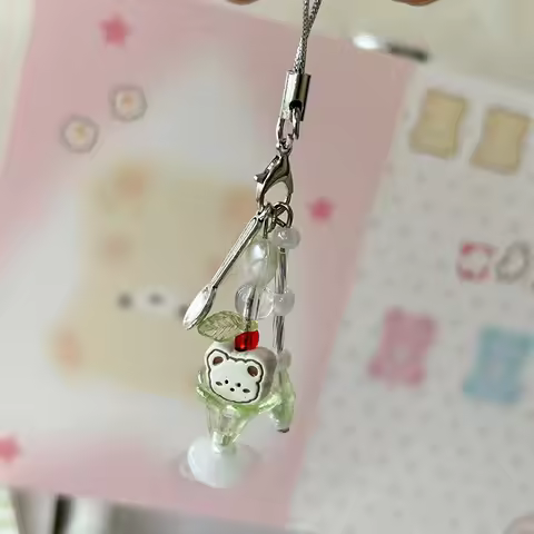 Y2K Cute Bear Cat Ice Cream Keyring Soda Melon Ice Cream Star Beaded Keychain for Phone Camera Case 