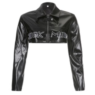 Babes Cool Crop Top Fall/Winter 2024 Street Biker Style Print Pu Leather Panelled Zipper Lapel Jacke