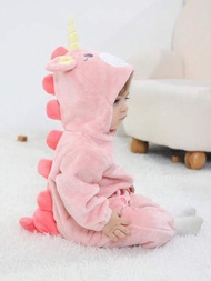 SHEIN 嬰兒女寶寶3d獨角獸設計帽子毛絨服裝連身衣