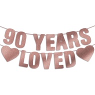 Pre-Strung 90th Birthday Banner - Rose Gold Glitter, Happy 90th Birthday Decorations for Women, 90 Y