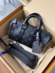 LV Louis Vuitton keepall 25 黑武士包經典老花滿印 涂層帆布牛皮革