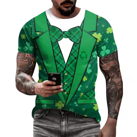 Men's St Patricks Day T-Shirts 3D Printed Novelty Clover Leaves Pattern Tees Shirt Summer Casual Sho