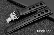 [Hot A New] Durable Genuine Leather with Holes Watchband 20mm Black Soft White Thread Cow Strap Fit 