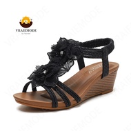 Retro Dép Nêm Xăng Đan Nữ Phong Cách Bohemian Gót Vừa Trọng Lượng Nhẹ Giày Roman Thêu Hoa Dép