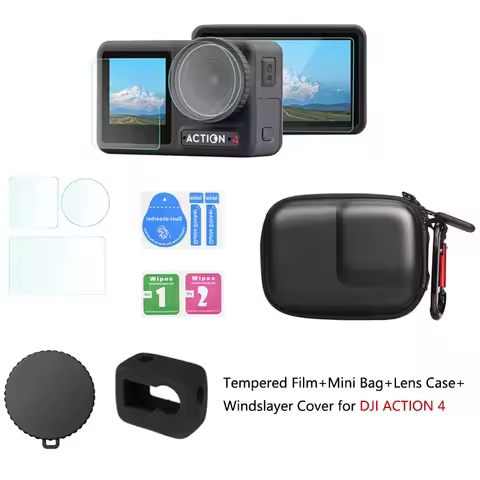 Accessories for DJI Osmo Action 4 Mini Carring Bag+Lens Protective Cover+Windslayer Cover+9H Tempere