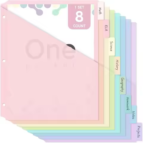 8 pcs A4 Pastel Binder Dividers 3-Ring Binder 8-Tab Dividers Plastic File Folders Single Pocket Sing