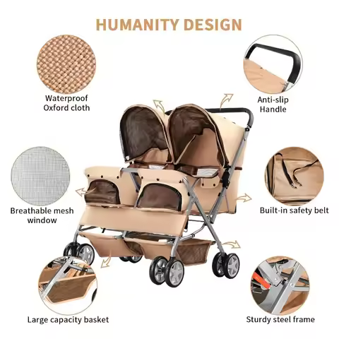 Pet Stroller, Foldable Stroller for 2 Dogs & Cats, Two-Seater Carrier Twin Dog Walk Jogger Travel Pe
