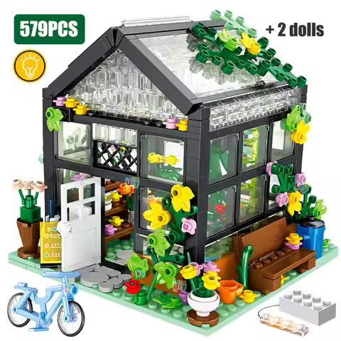 579pcs City Street View Creative House Flower Store Architecture Building Block Transparent Bricks L