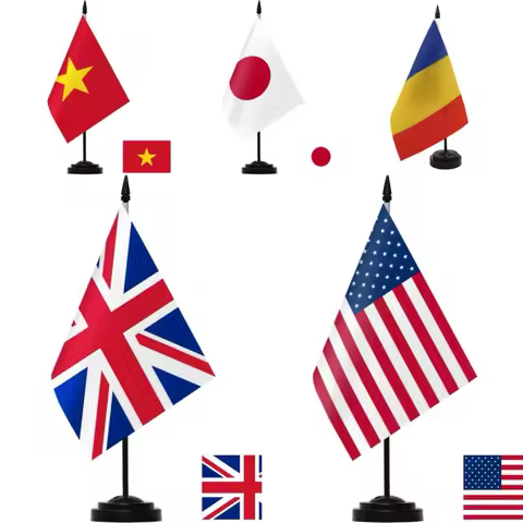 14x21cm Office Desk Flag Vietnam Japan Romania UK American USA Flag Black Plastic Flagpole Desk Flag