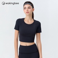 Wakingbee Barre Bratop (Black) บราท้อปออกกำลังกาย มีฟองน้ำในตัว ทรงคร้อป แขนสั้น ผ้ากระชับ สัมผัสเย็