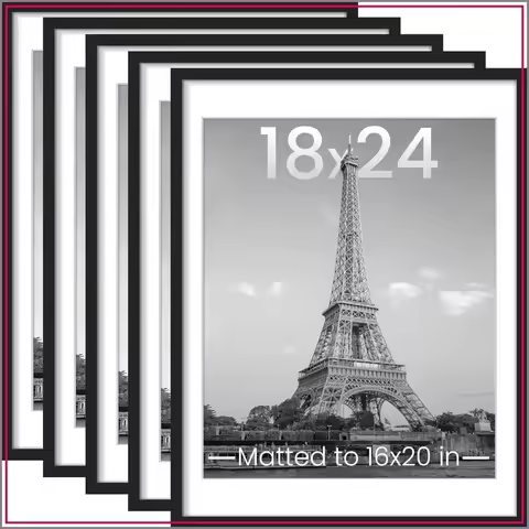 18x24 Picture Frame Set of 5, Display 16x20 with Mat or 18x24 Without, Black Wall Frames
