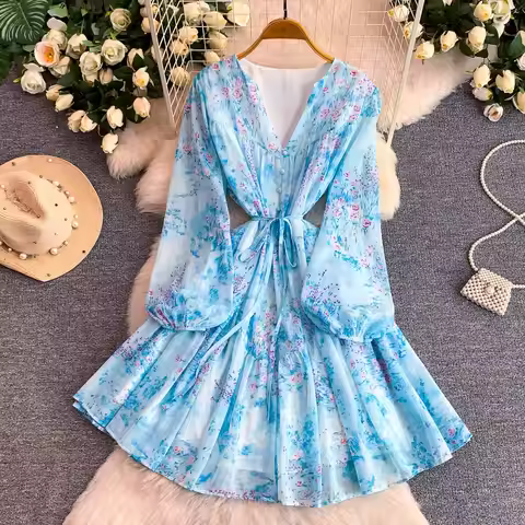 Floral Chiffon Maxi Dress for Women Summer Cute Single Breasted Tie Waist Ruffle Hem Flowy Beach Dre