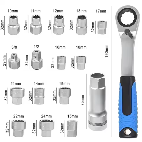 17pcs 3/8" & 1/2" Drive Pass Through Socket Set, Metric 12-Point Go-Thru Sockets, 72-Tooth 2-in-1 Ra