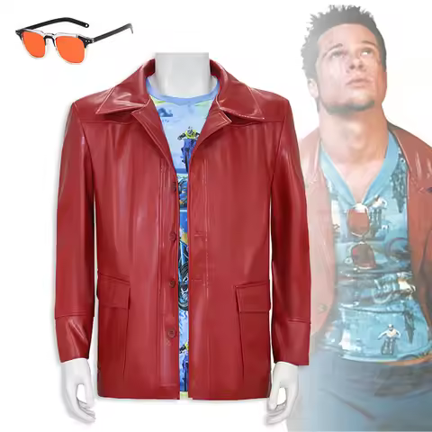 Movie Fight Club Tyler Cosplay Coat Full Set Red Jacket Printed T-shirt Costume Men Glasses Hallowee
