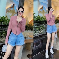 Multi-colored ribbed zip-up shirt