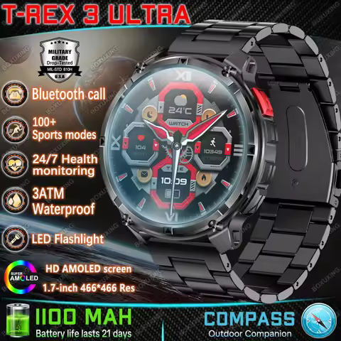 T-Rex3 Ultra 1100mAh Battery Military SmartWatch GPS Track Compass 3ATM Waterproof Flashlight Outdoo