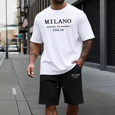 Italy Fashion Men's Tracksuit 2pcs Set O-neck Cotton T-shirt and Sports Knee-length Shorts Summer Da