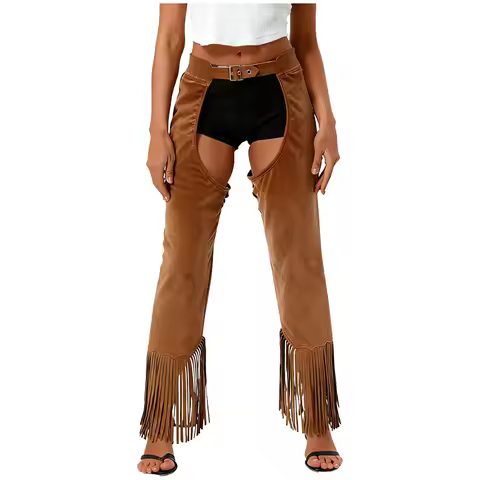 Women Brown Fringe Suede Cowgirl Hippies Briefs Cover Chaps Pants Crotchless Tassel Halloween Party 