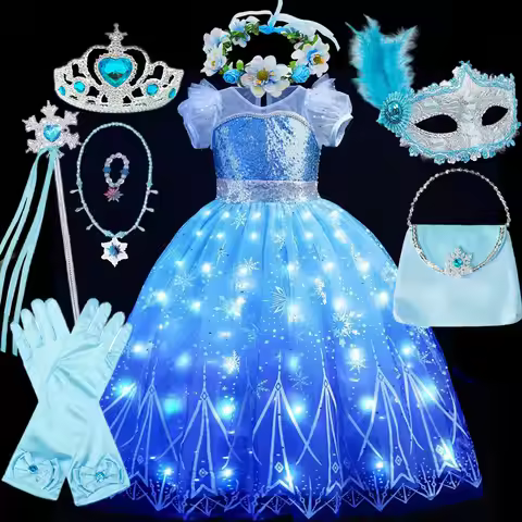 Disney Elsa Role Playing Dress Light Up Kids Halloween Frozen Carnival Apparel Girls Birthday Elsa P