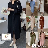🌞SUNWISH🌞SWS05311 8Colors Over Knee Cotton Korean Loose Large Size Fashion Lapel Long Blouse Labuh B