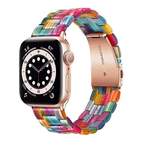 Rainbow Resin Apple Watch Band 38mm 40mm 41mm 42mm 44mm 45mm 49mm, Rose Gold 316L Stainless Steel Cl