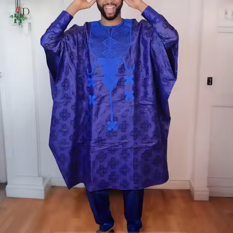 African Clothing Traditional 3PCS African Outfit For Man Blue Bazin Riche Agbada Embroidered Wedding
