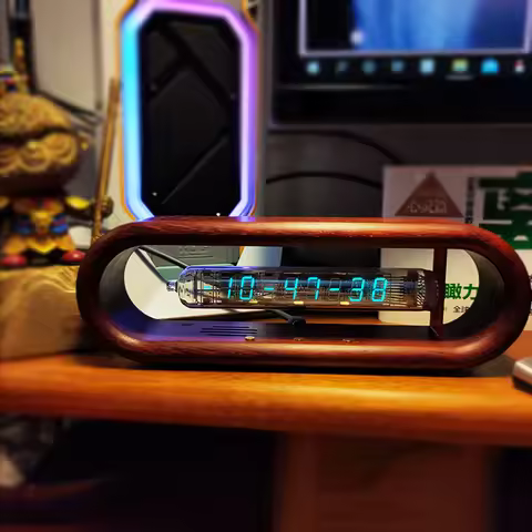 IV18 Fluorescent Tube Clock Vintage Digital Clock Luxury Solid Wood Shell Vacuum Tube Watch Office D