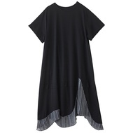 XITAO Patchwork Asymmetrical Black Dress Loose Casual Slimming Temperament O-neck Simple Short Sleev