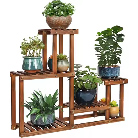 Pine Wood Plant Stand Indoor Outdoor Multi Layer Flower Shelf Rack Higher and Lower Plant Holder in 
