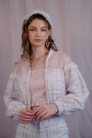 泡泡袖鏤空飛行外套 (白/灰粉)