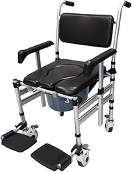 Shower Chair for Elderly Commode - Height Adjustable Foldable Aluminum with 4 Anti-Rust Wheels, Brakes, Safety Belt, Adjustable Armrest &amp; Footrest, Cushion Seat, 6 kg Lightweight, Supports 100kgs