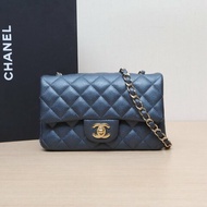 CHANEL CF口蓋包大Mini20藍色荔枝牛皮25開金扣肩背包