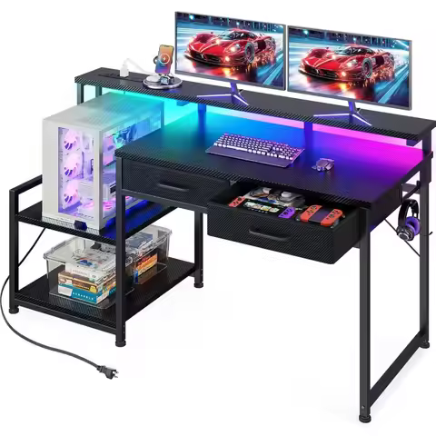 ODK 48 Inch Carbon Fiber Black Gaming Desk LED Lights Power Outlet Drawers Reversible Monitor Stand