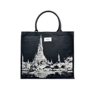 PASAYA Woven Art Bag x SYMBOLIC OF THAILAND - WAT ARUN-BLACK Size M (33x31x15 cm.)
