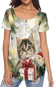 Red Ladybug Paw Print Tunic Top for Women Causal V Neck Plated Blouse Plus Size Laddies Button up T 