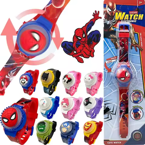 New Spiderman Kids Watches For Boys Cartoon Hello Kitty Stitch Children Rotate Watch with Flash Ligh