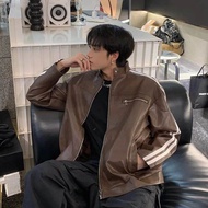 leather jaket motorcycle Jaket kulit pria dan wanita strip oversize