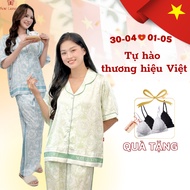 ALORA Women's Pajamas Set Loose Shirt Pants with Pockets High Quality Italian Silk