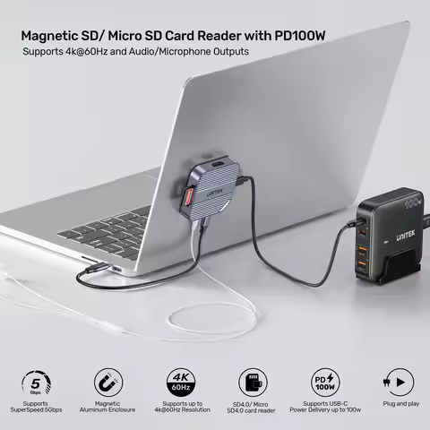 6-in-1 Magnetic SD/Micro SD Card Reader UHS-II 2TB PD100W 4K@60Hz HDMI 3.5mm Audio Mic USB-C HUB for