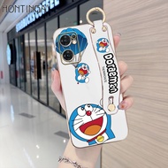 (With Wristband) Hontinga Casing Case For OPPO Reno7 Z 5G Reno 7 Pro 5G Reno7 Reno 7Z Case Cartoon Anime Doraemon Luxury Chrome Plated Soft TPU Square Phone Case Full Cover Camera Protection Anti Gores Rubber Cases For Girls