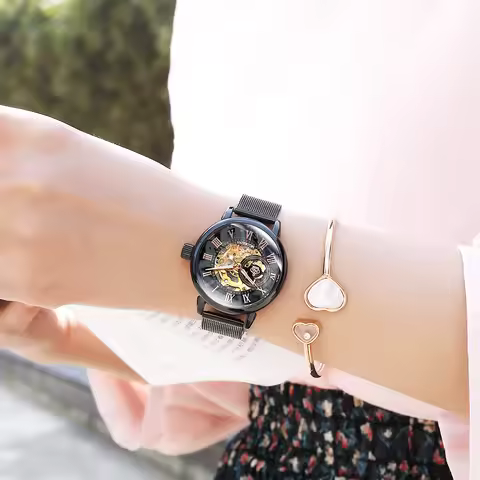 ORKINA Fashion Black Women Mechanical Wristwatches New Creative Automatic Bracelet Mesh Strap Luxury