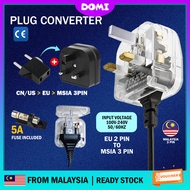DOMI EU TO MSIA/UK FUSED EURO 2 Pin To 3 Pin Plug Converter Fits 5A Power Fuse Adaptor Penukar Palam