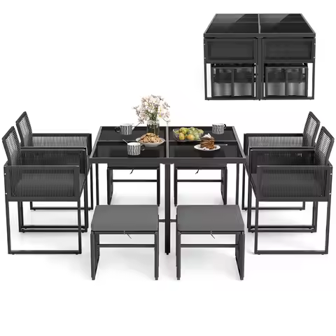 9 PCS Patio Dining Set with PE Rattan Chairs Tempered Glass Table and Ottomans