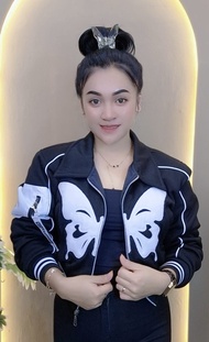 Opz jaket crop wanita bahan Fleece cotton kupu kupu Bordir