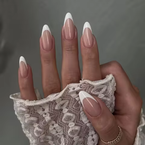 24PCS White Almond French Fake Nails Wearing Nail DIY Nail Art