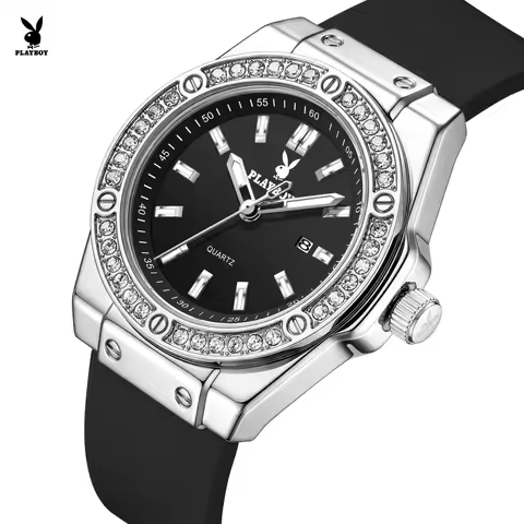 PLAYBOY 3147 Diamond Bezel Quartz Wristwatch Original Silicone Strap Trendy Luminous Waterproof Date