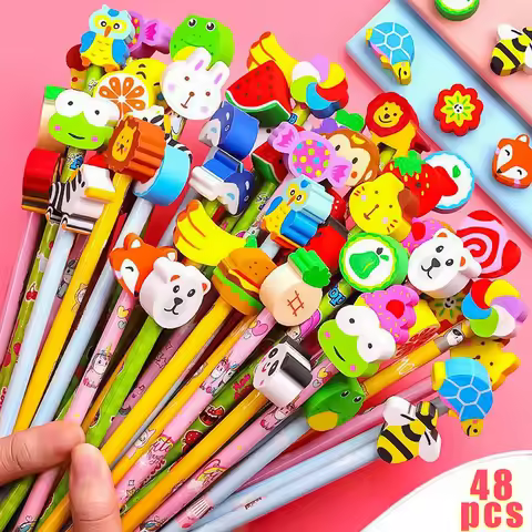 12/24/48Pcs Cartoon HB Pencils With Cute Eraser Tops School Supply Set Ideal For Back-To-School Stud